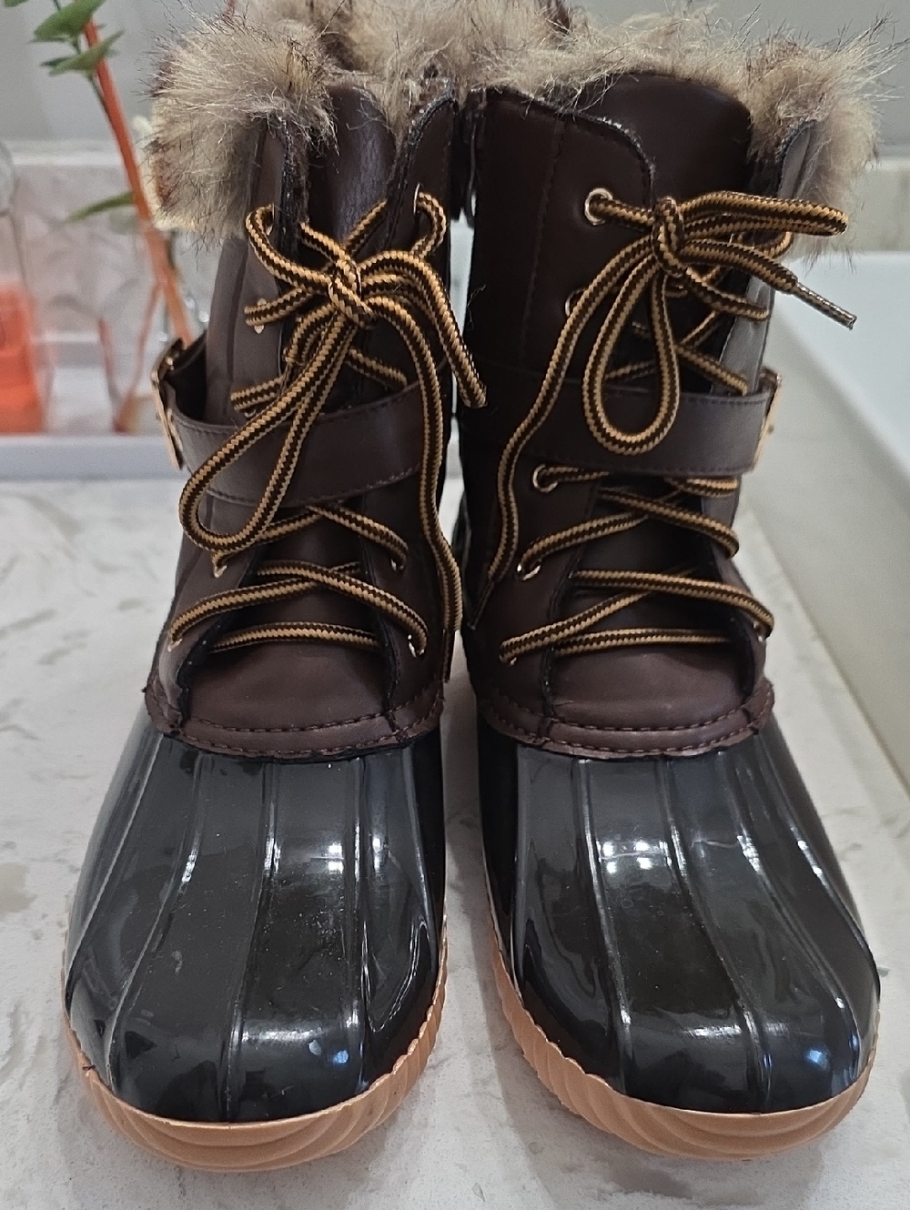 Women’s Brown Faux-Fur Lace-Up Duck Boots